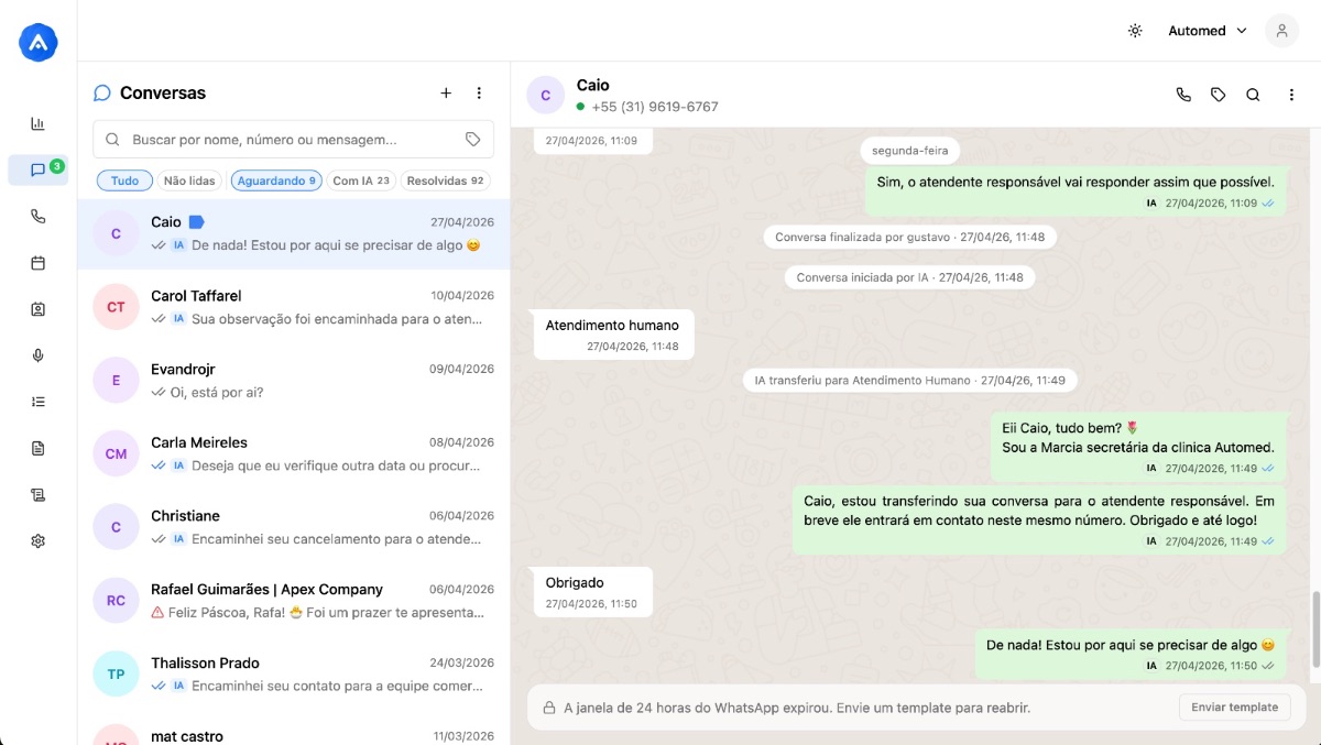 Automed — Conversas: inbox unificado de WhatsApp com atendimento da IA, transferência para humano e histórico das clientes da clínica.